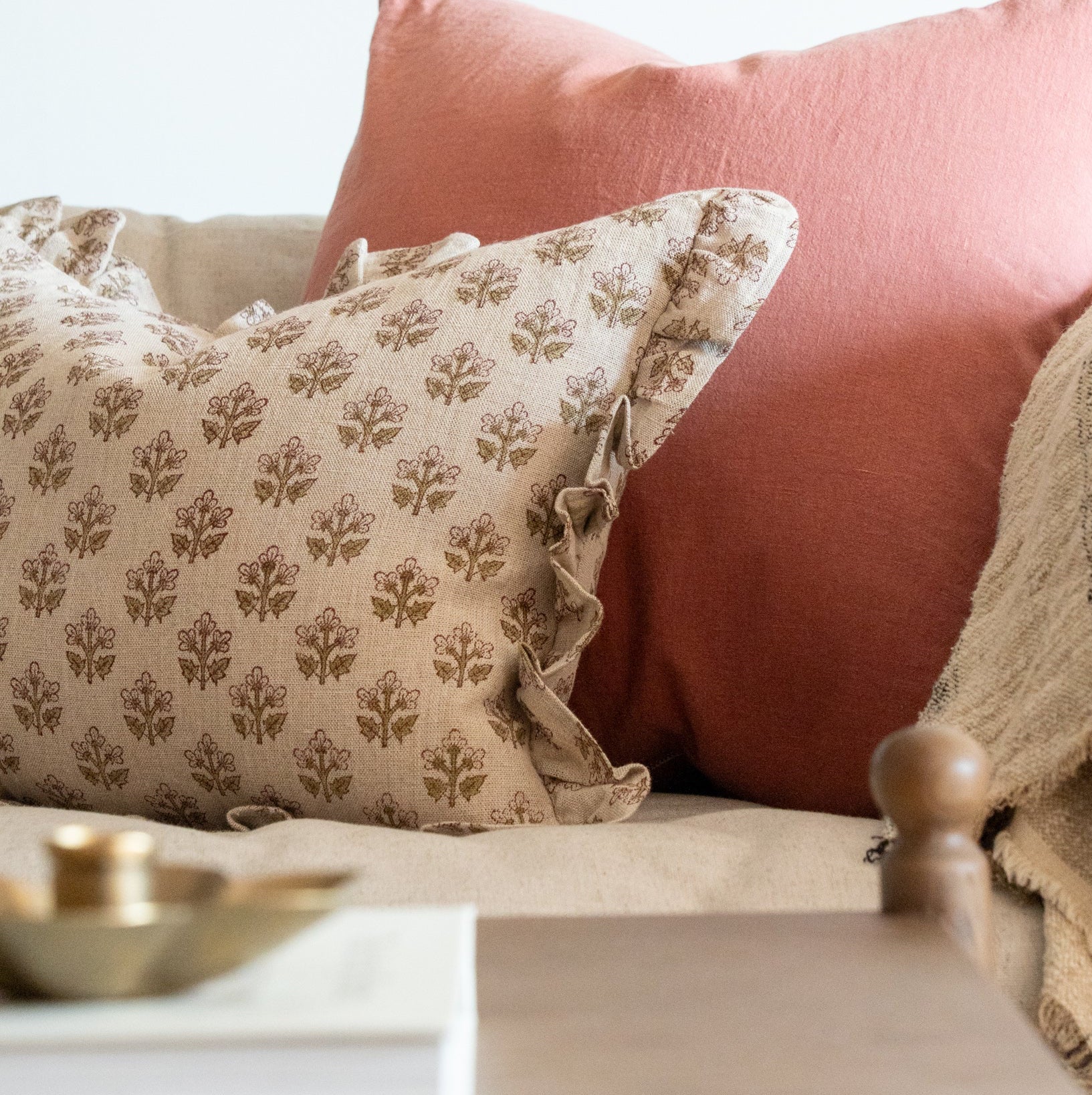 Sadie Block Print Ruffle Pillow Cover 1 - PILLOWS - Block print - neutral ORNA HOUSE