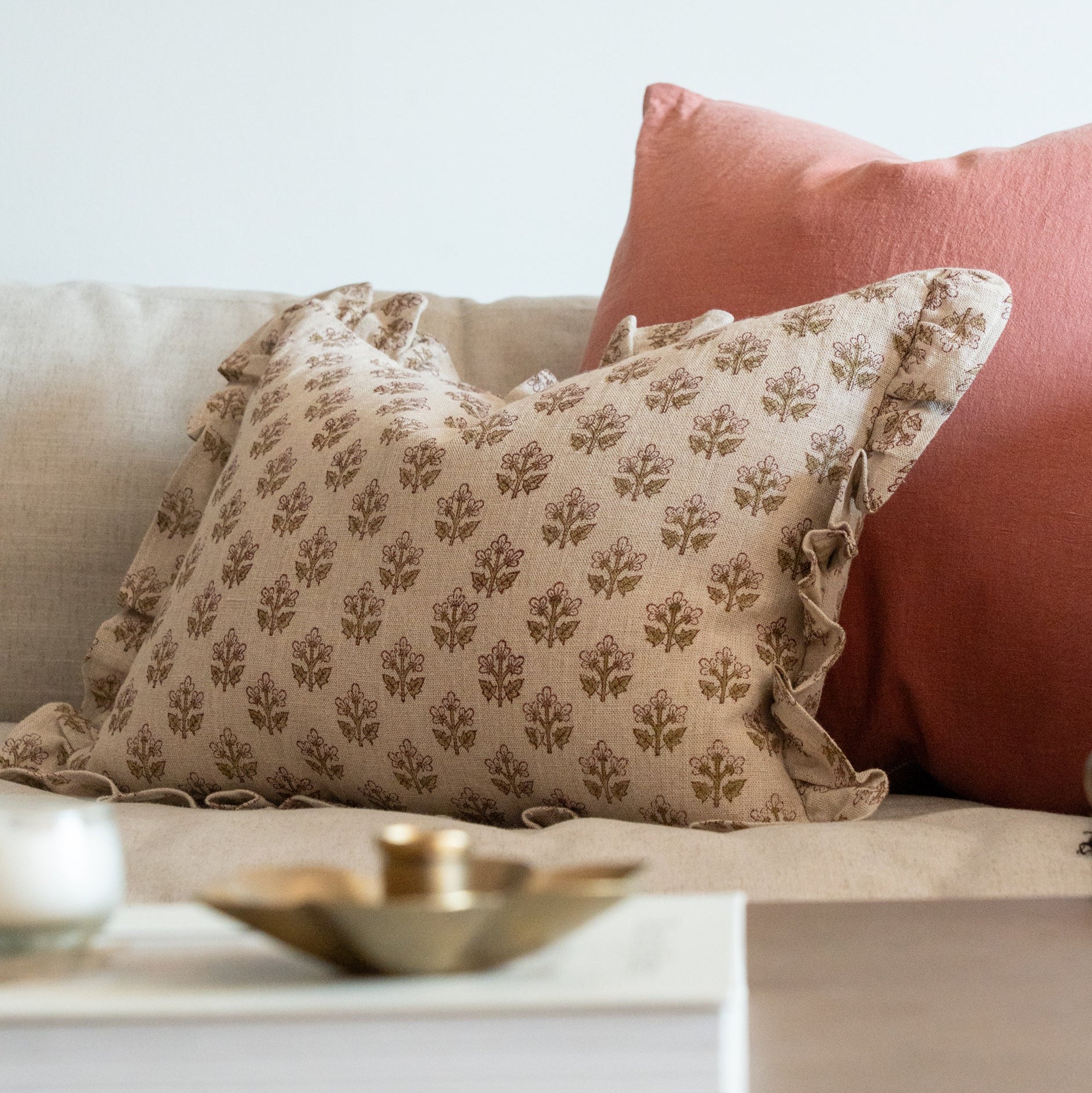 Sadie Block Print Ruffle Pillow Cover 1 - PILLOWS - Block print - neutral ORNA HOUSE
