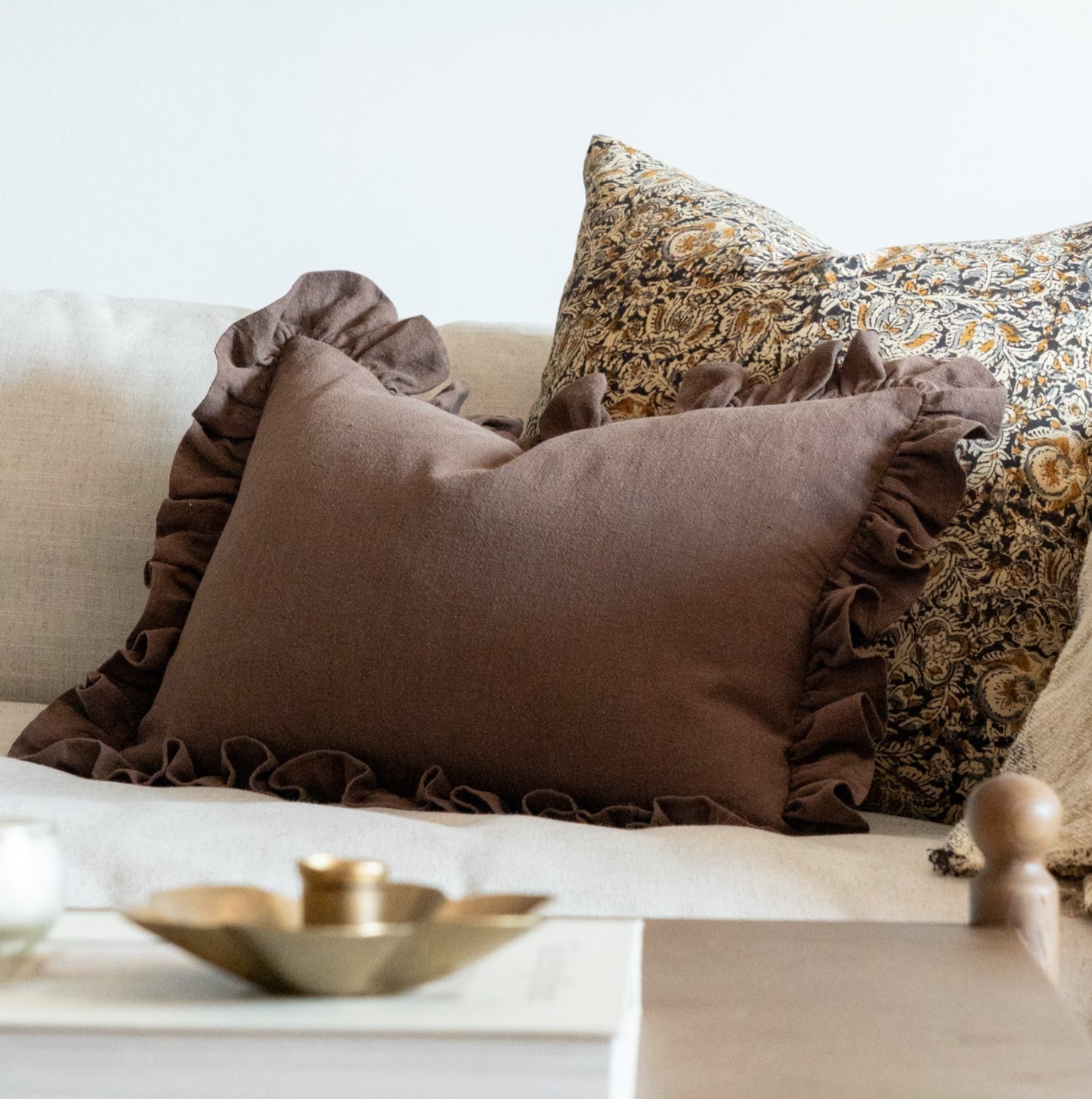 Espresso Ruffle Pillow Cover 2 - PILLOWS - Linen - warm Rug & Weave Pillows