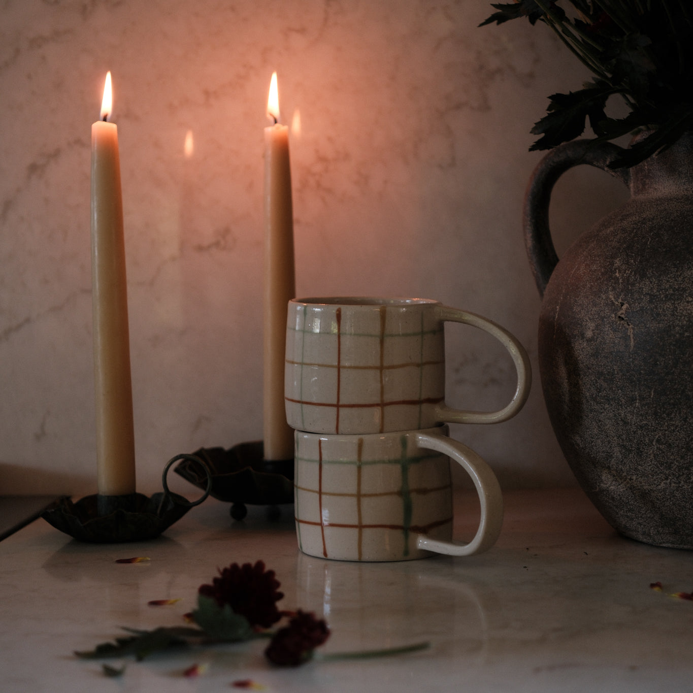 Green & Brown Grid Pattern Mug mug Creative Co-op (DYA)