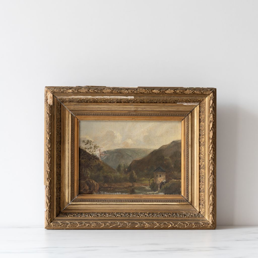 "Mountainside Cottage " Framed Antique Oil Painting