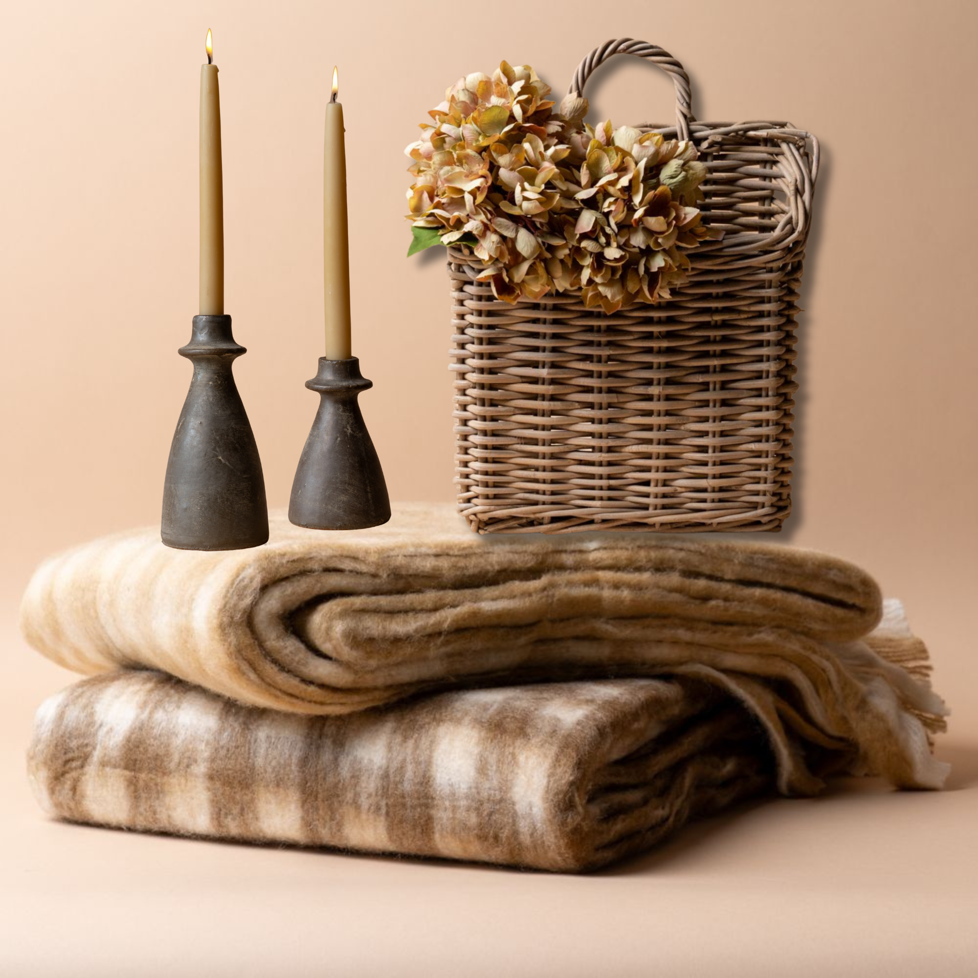 Holiday Gifting Bundle | Camel Blanket, Candle Holders & Wall Basket Rug and Weave