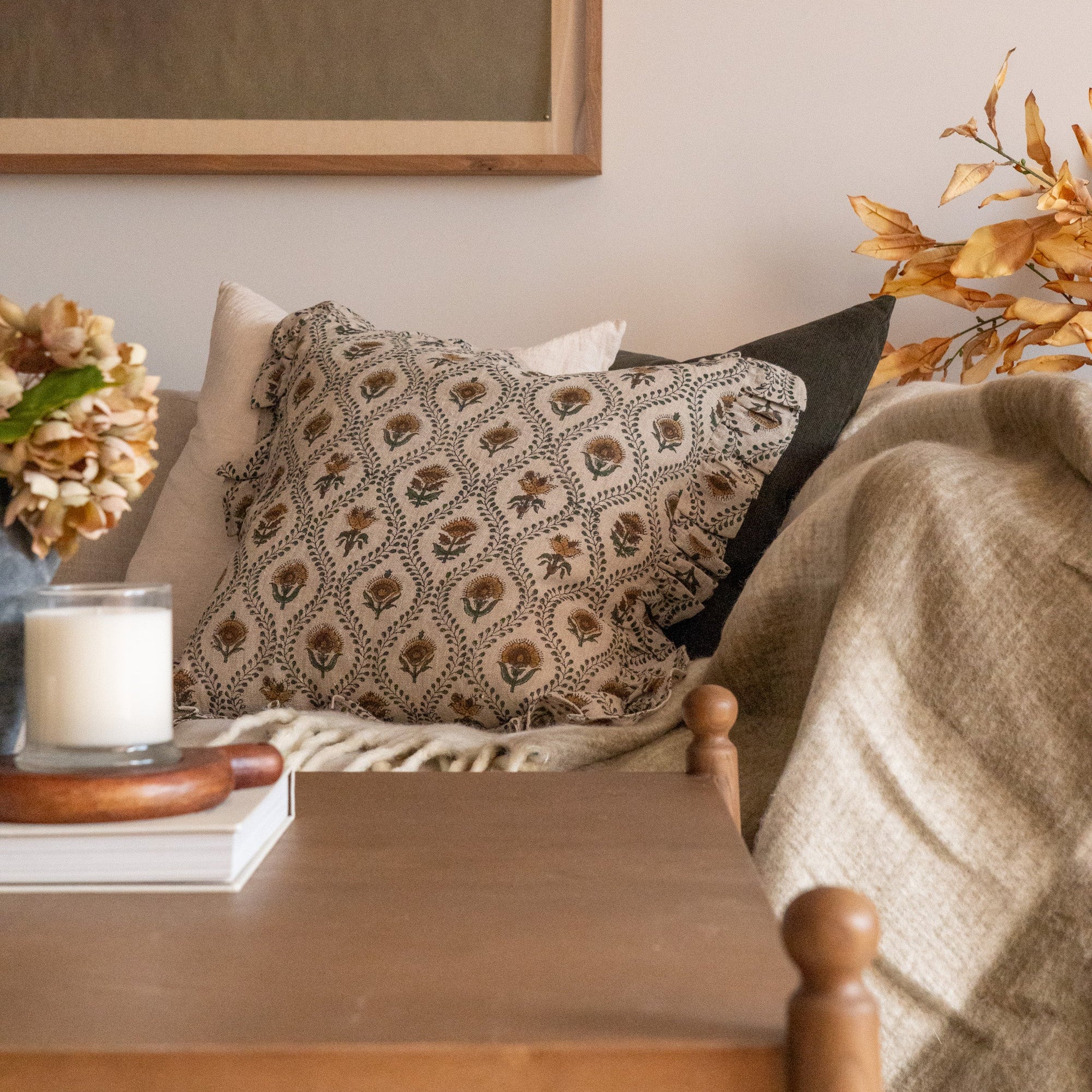 Noreen Block Print Ruffle Pillow Cover 1 - PILLOWS - Block print - neutral ORNA HOUSE