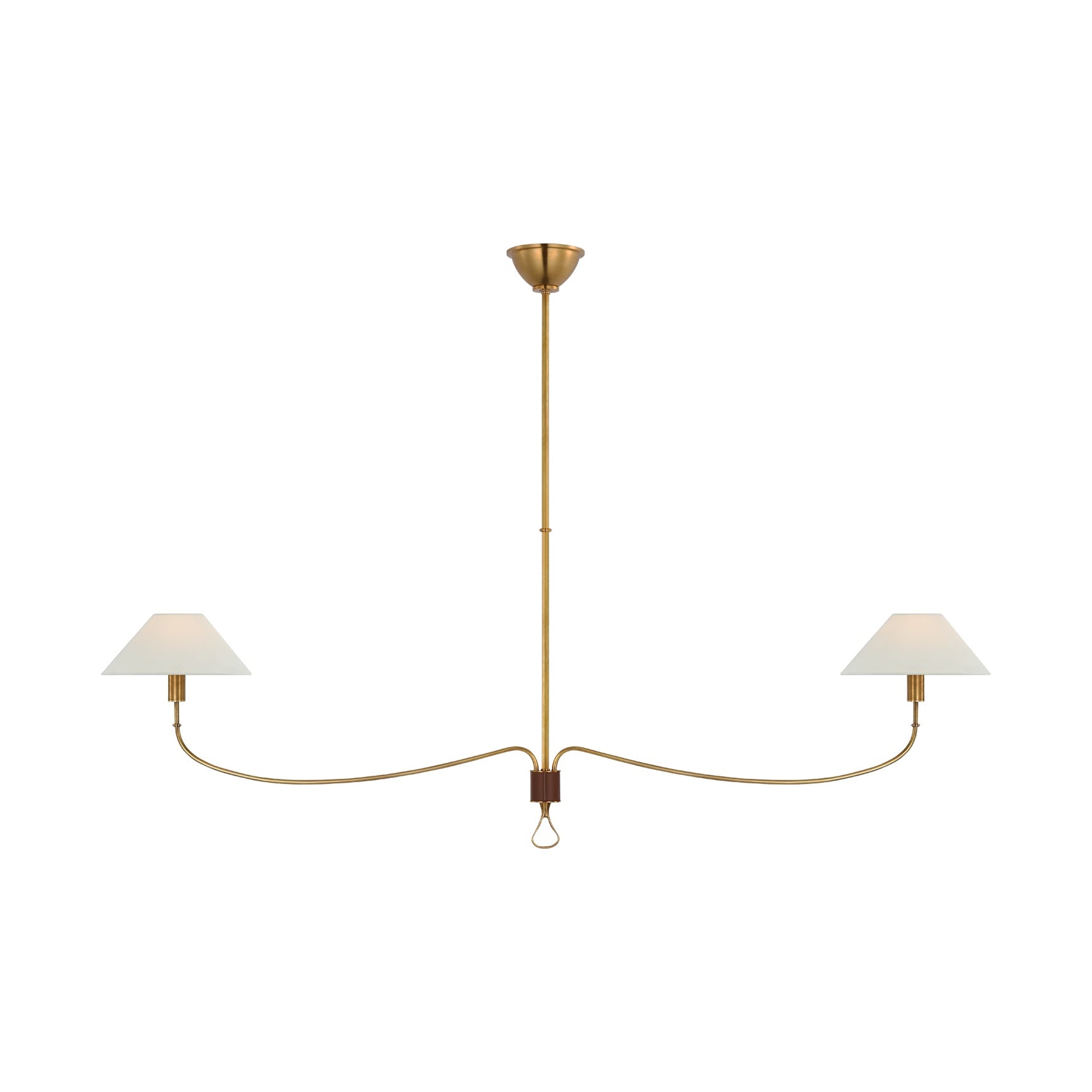 CUSTOM SIZE: Griffin Grande Linear Chandelier 54.75”, Hand-Rubbed Antique Brass and Saddle Leather