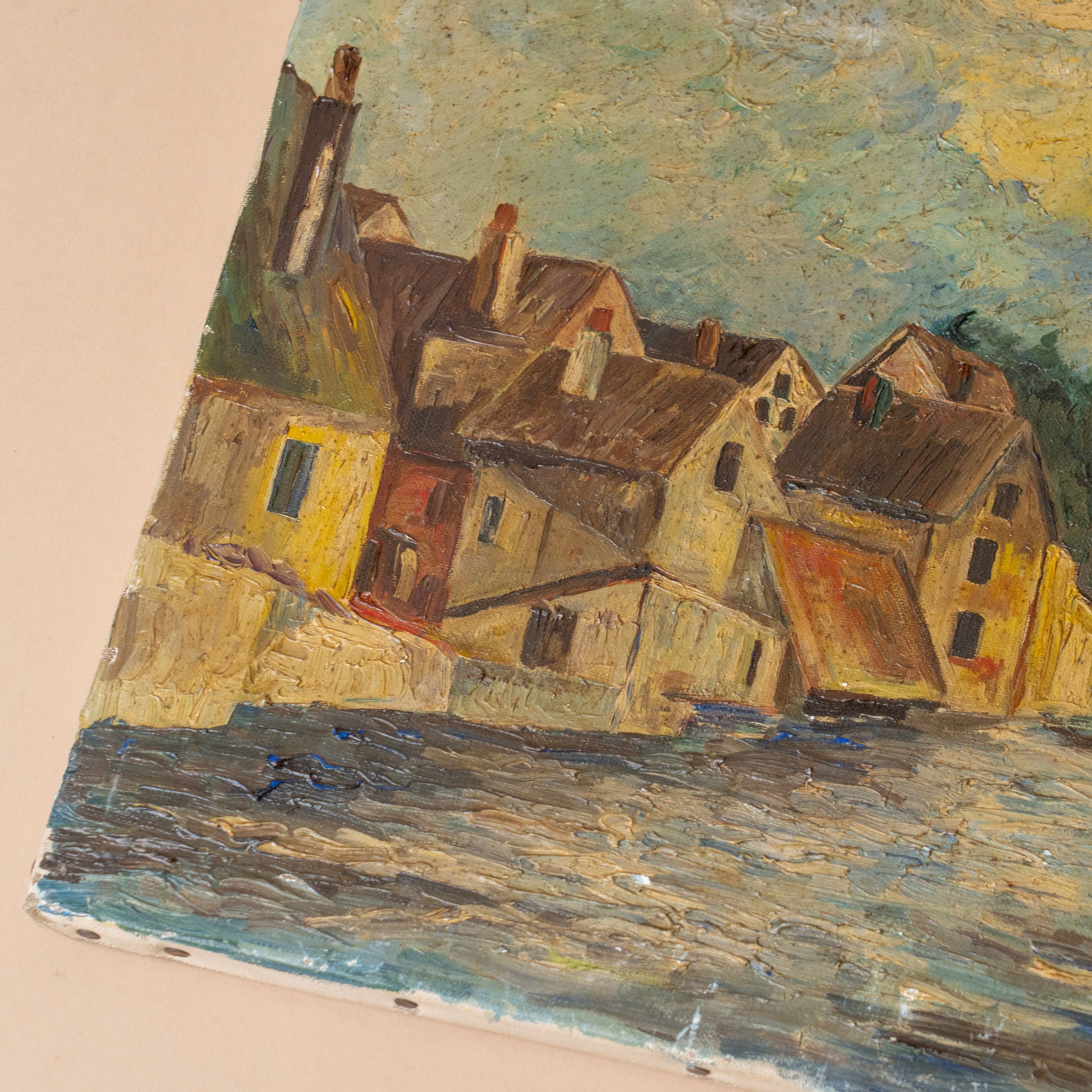 Antique French Oil Landscape Painting VINTAGE - artwork Rug and Weave