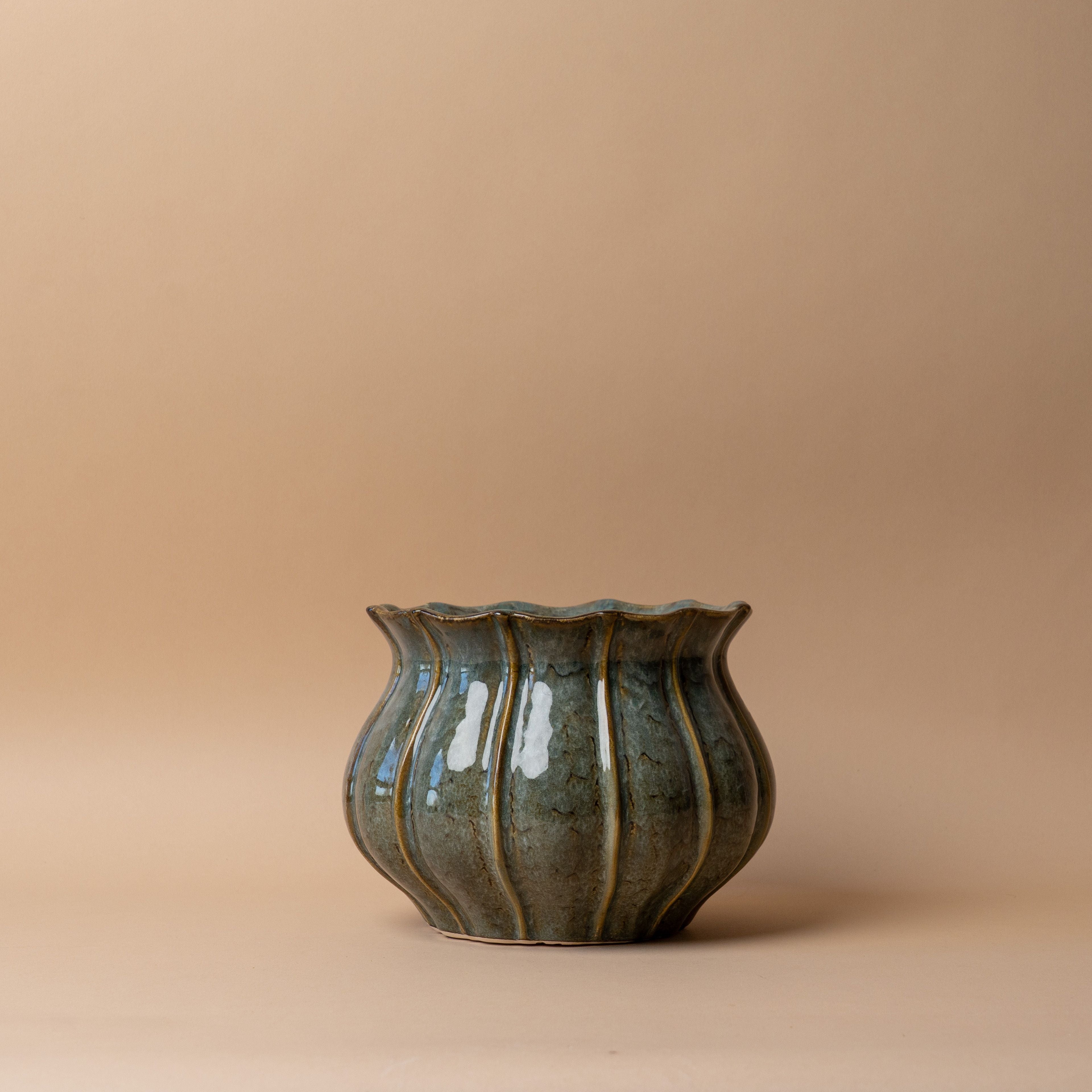 Scallop Edge Stoneware Vase with Reactive Glaze