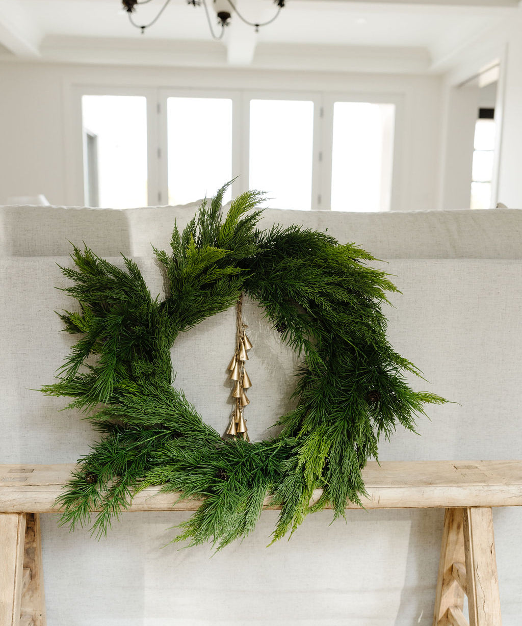 holiday collection faux cedar pine wreath with brass bells