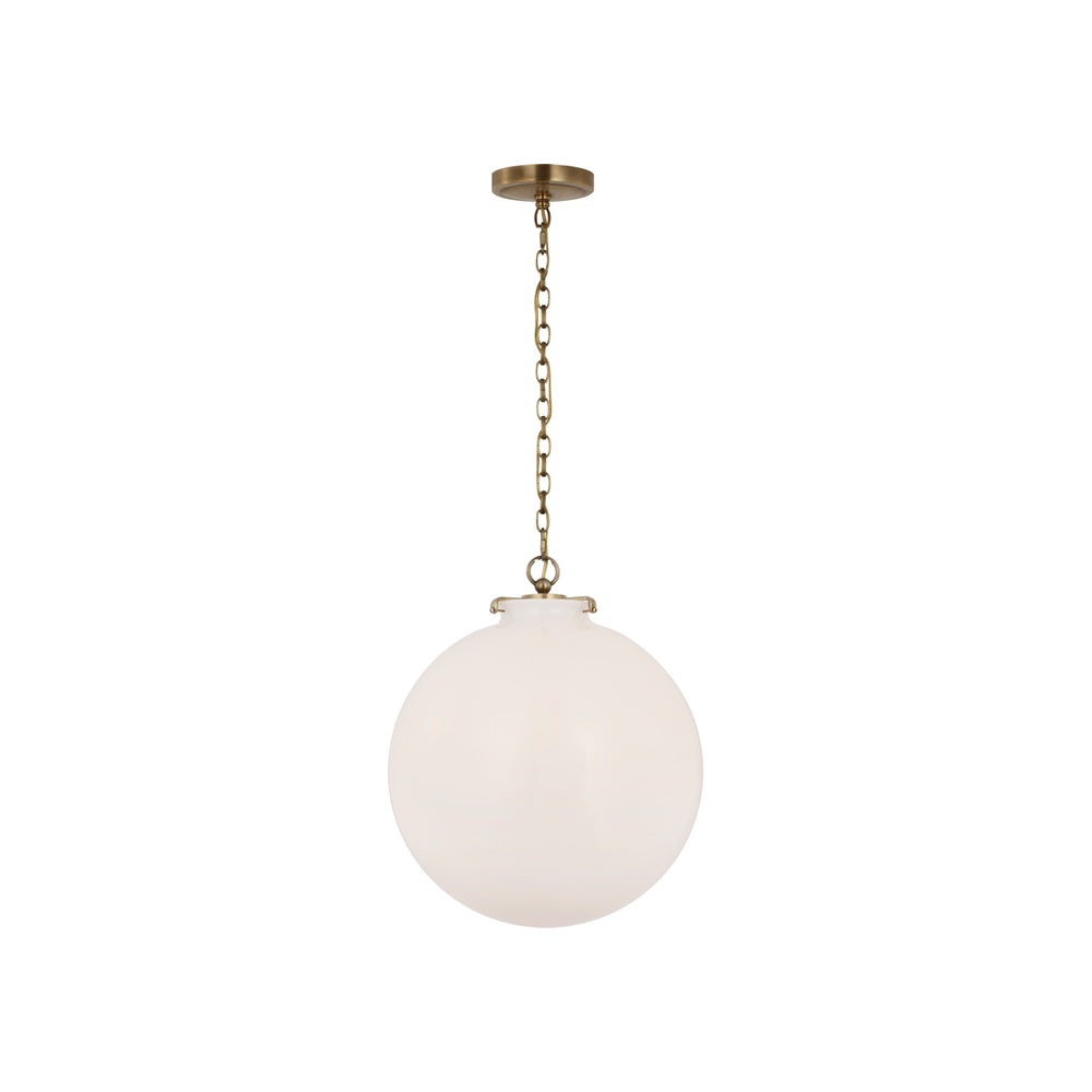 Katie Large Globe Pendant, Antique Brass White Glass